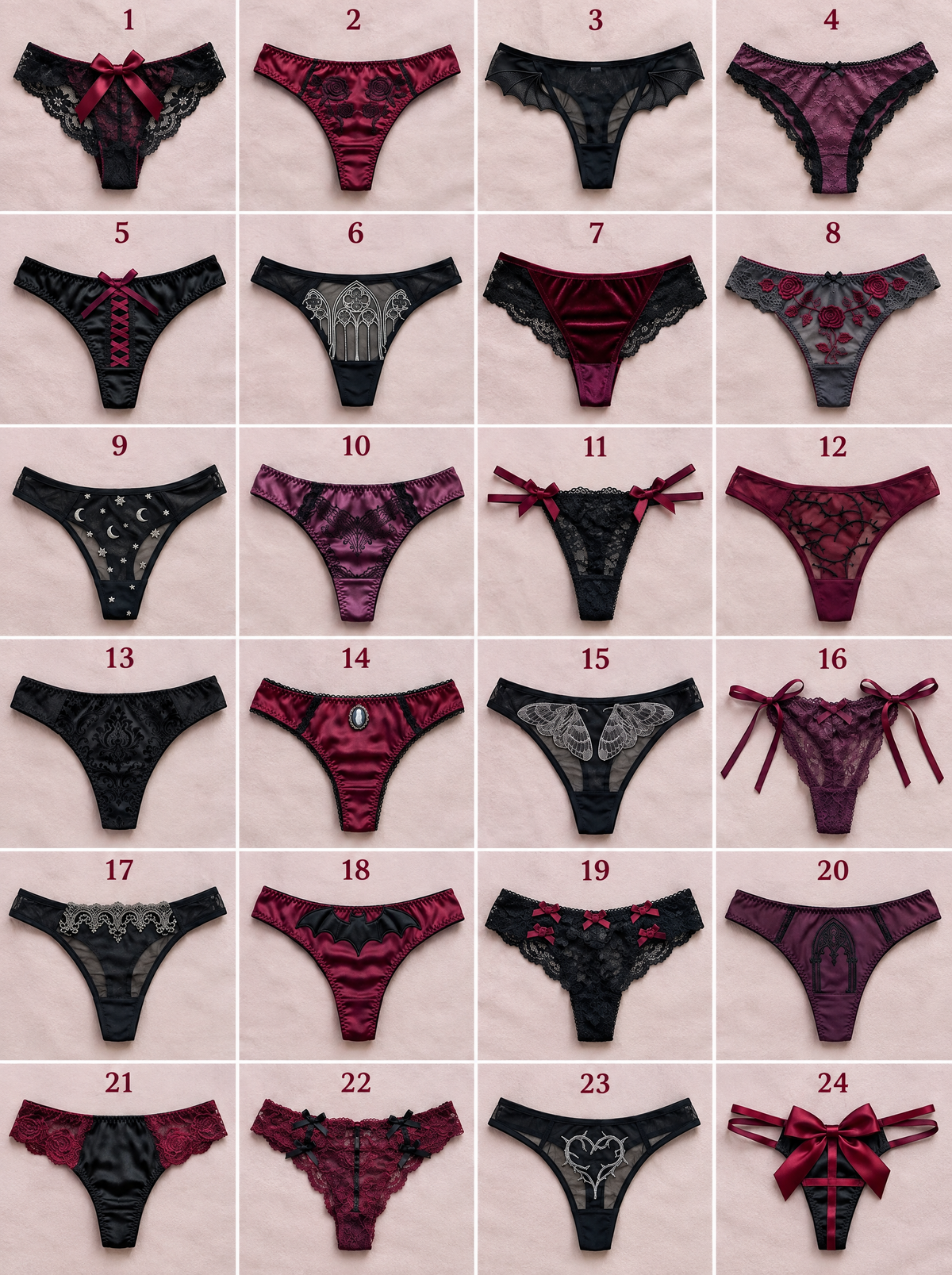 All 24 gothic thongs from the Velvet & Venom advent calendar, numbered 1 to 24