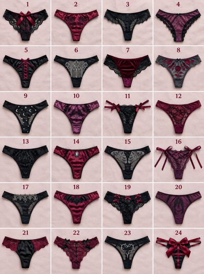All 24 gothic thongs from the Velvet & Venom advent calendar, numbered 1 to 24