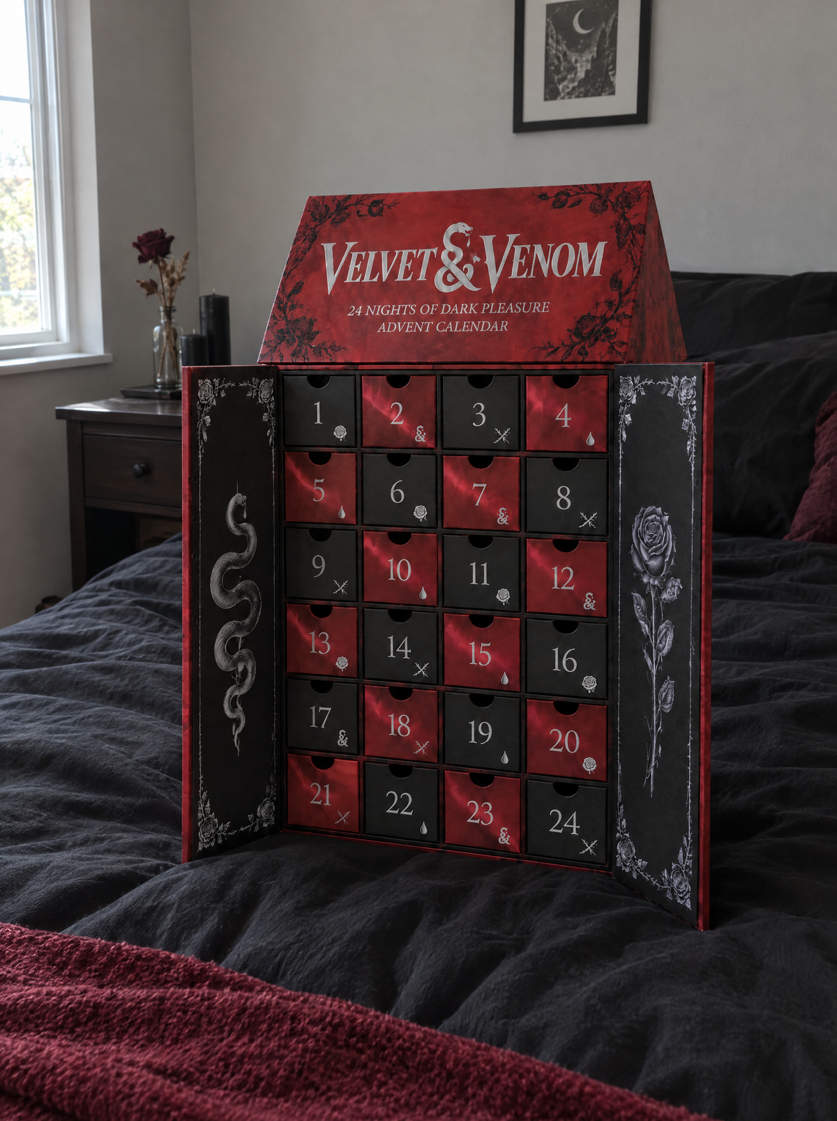 Velvet & Venom advent calendar opened, 24 numbered drawers